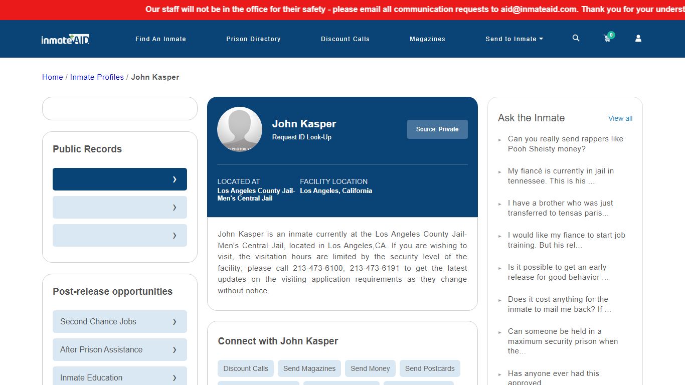 Inmate Search: Connect with John Kasper, Los Angeles, California